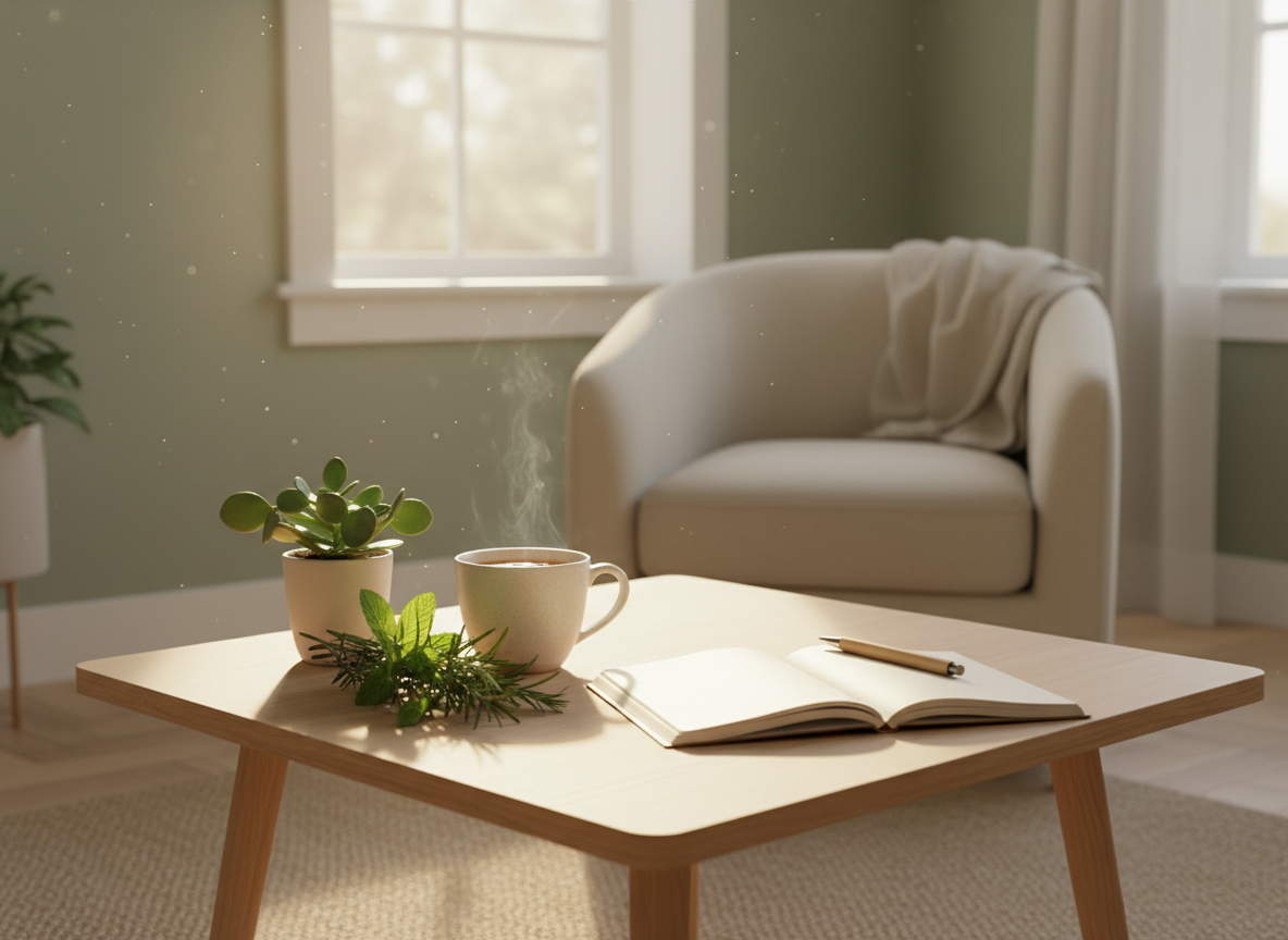 A calm, sunlit wellness table with herbal tea, fresh green herbs, and a notebook in soft sage and cream tones